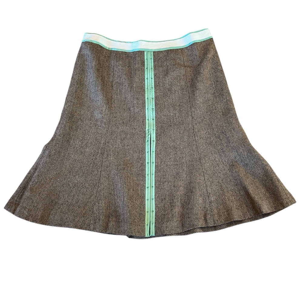 LOFT Brown herringbone pattern Wool blend Skirt w/Green ribbon detail Size 8